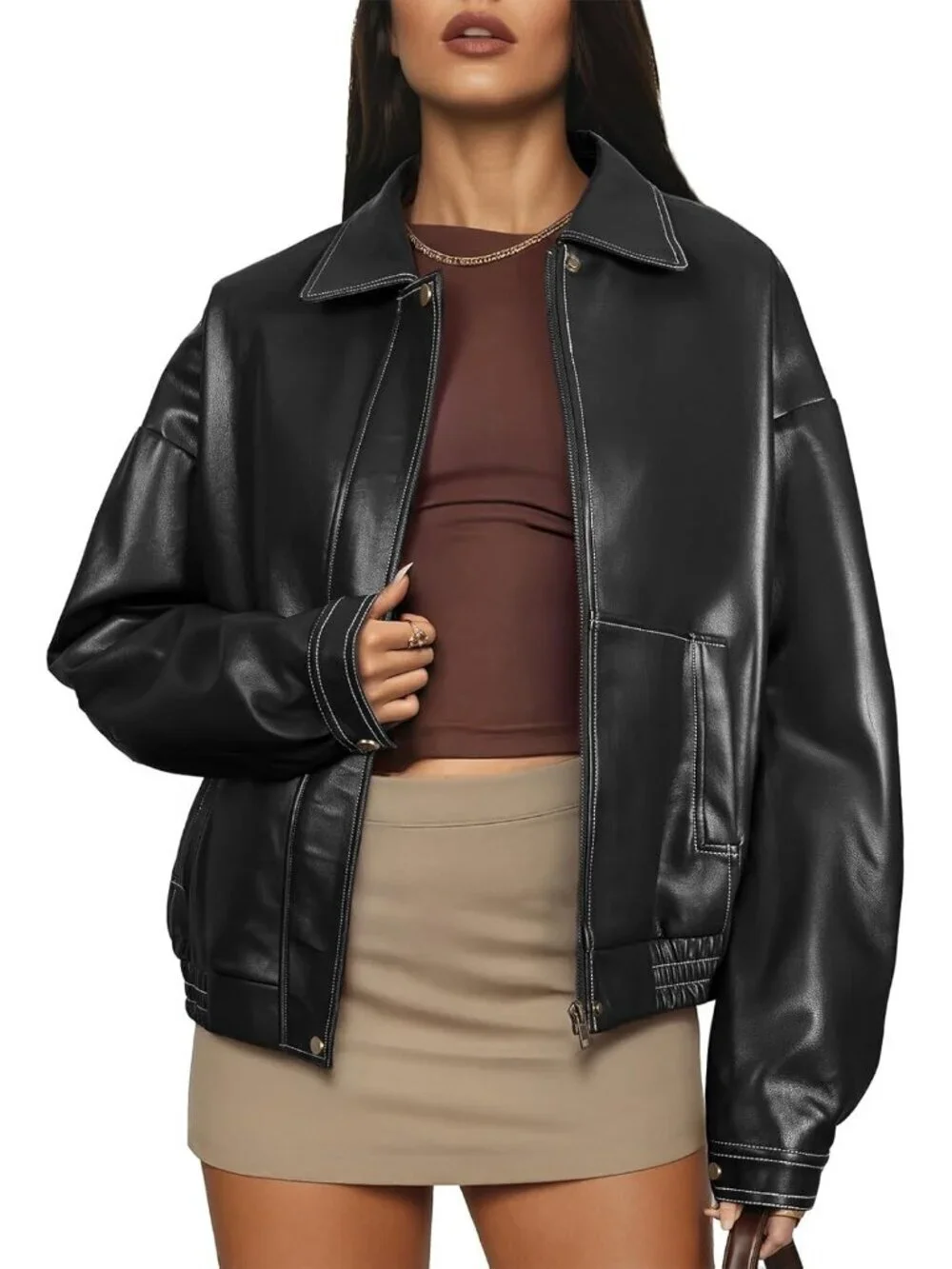 Women's Faux Motorcycle Coats Fashion Bomber Zip Up Leather Jacket Black